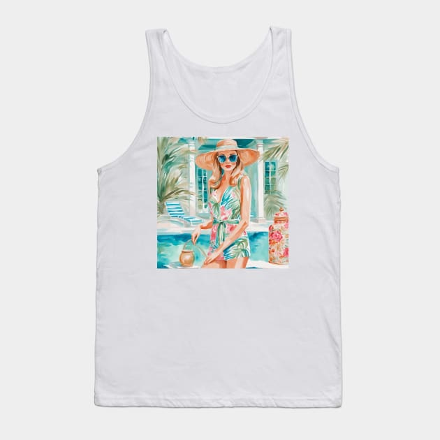 Girl in preppy outfit near the swimming pool Tank Top by SophieClimaArt